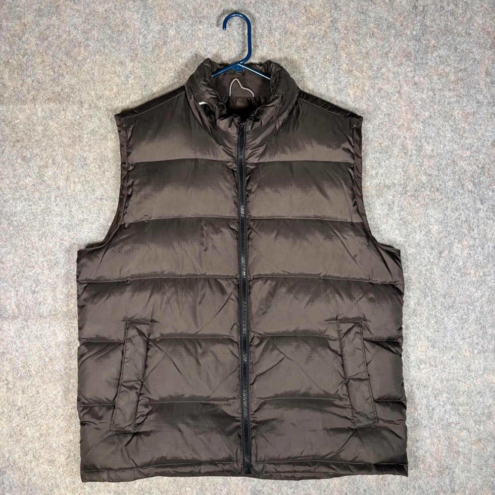 Gap Puffer Vest Mens L Brown Down Fill Warmest Ripstop Stowaway Hood Winter Y2K